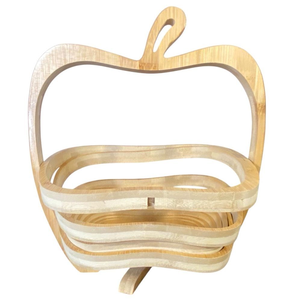 Wooden Bamboo Fruit Basket Apple Shaped NWOT Collapsible Foldaway Basket